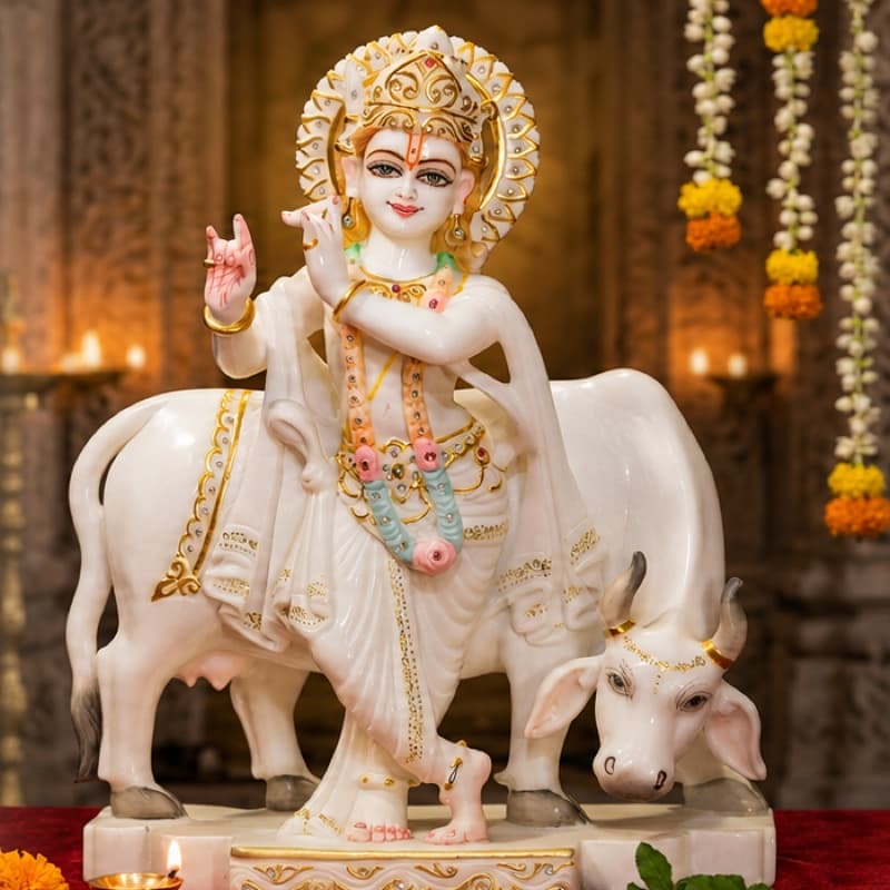 Hand-carved marble Krishna with cow by Divine Stone Gallery